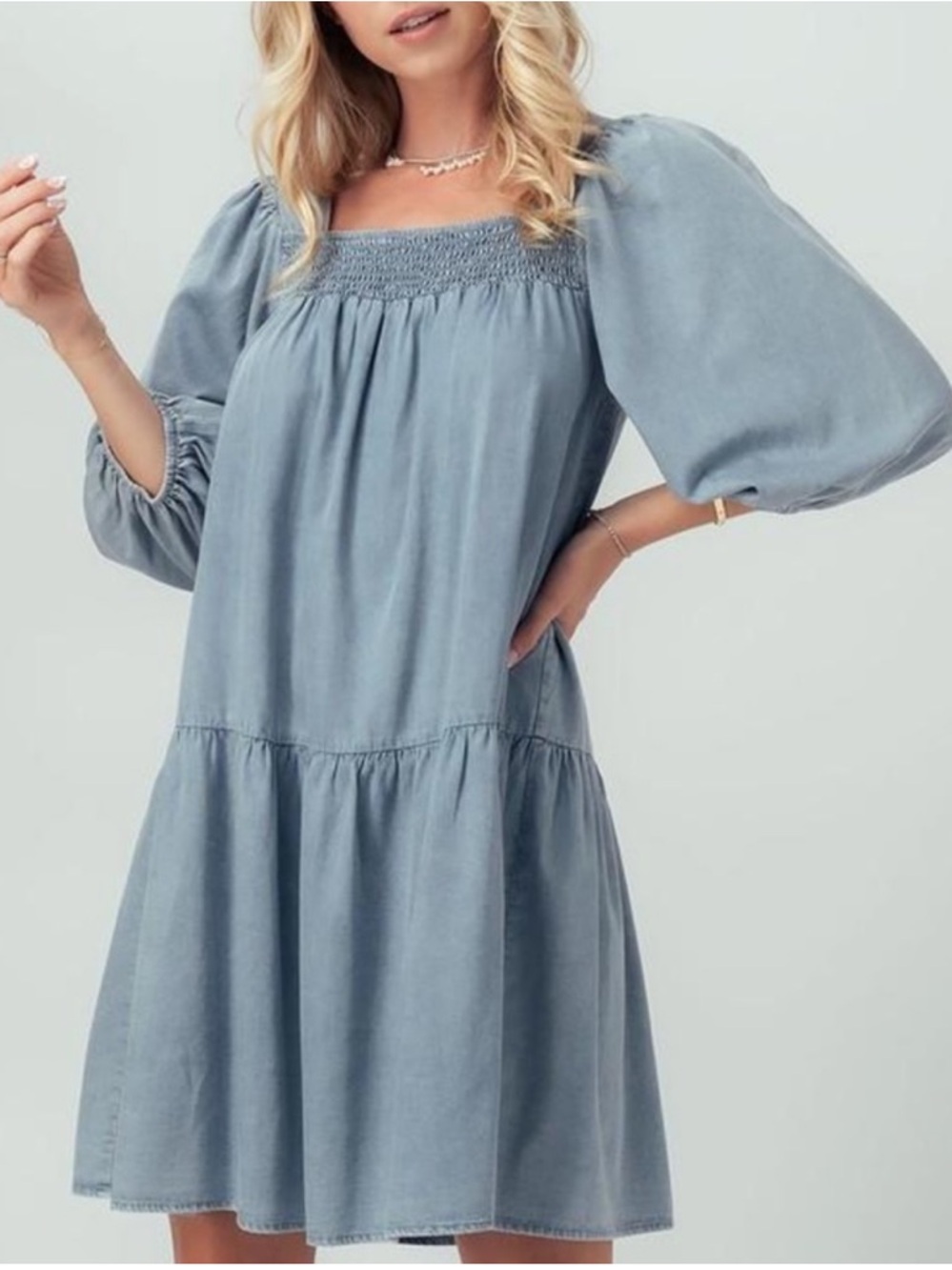 Aaron And Amber Smocked Chambray Babydoll Dress Women’s Size M